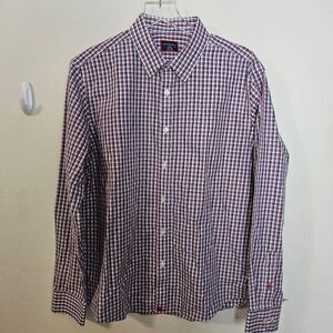 Untuckit Zenato Mens Size L Red White Blue Plaid Button-Up 100% Cotton Dress Shi